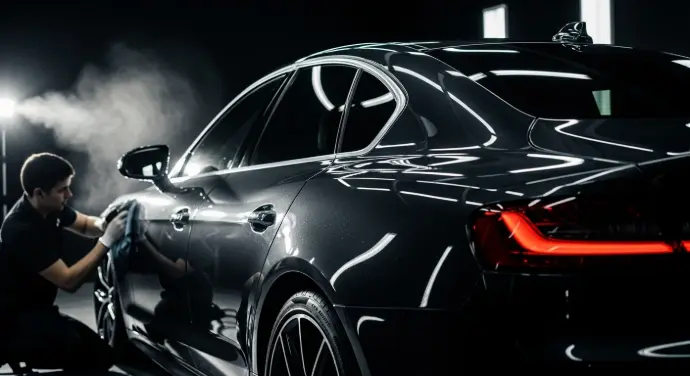 Keraamilise katte pealekandmine, mis näitab veepiiskade helkimist auto pinnal pärast detailingu teenust